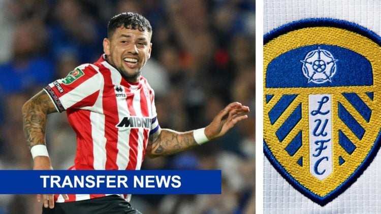 Split image of Gustavo Hamer in action for Leeds United, and a picture of the official club badge of Leeds United.