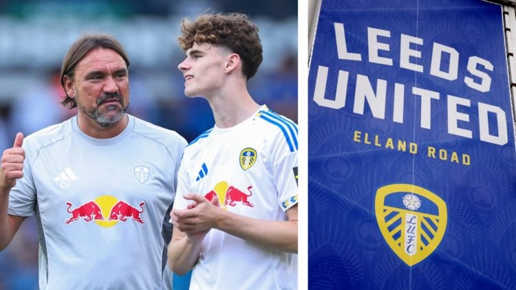 Split image of Leeds United player Harry Gray talking to Daniel Farke, and a general view of Leeds United's Elland Road stadium.