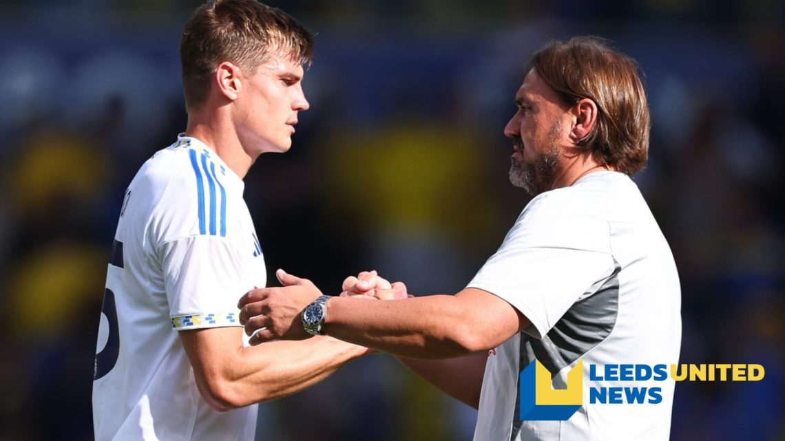 Leeds United player Jaka Bijol shakes hands with manager Daniel Farke.