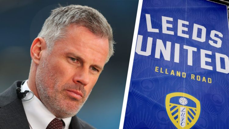 Split image of Sky Sports pundit Jamie Carragher, and a general view of Leeds United's Elland Road stadium.
