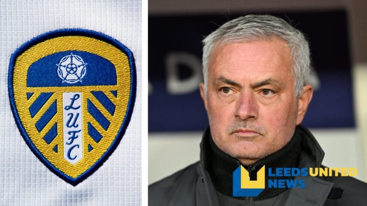 Split image of the official club badge of Leeds United, and manager Jose Mourinho.