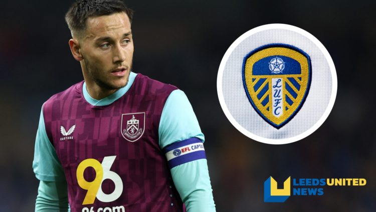 Burnley midfielder Josh Brownhill in action. Inset, a picture of the official club badge of Leeds United.