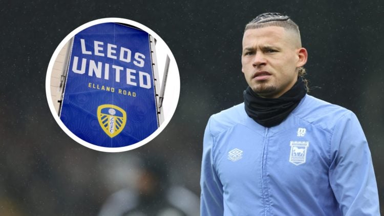 Ipswich Town player Kalvin Phillips warms up. Inset a picture of Leeds United's Elland Road stadium.