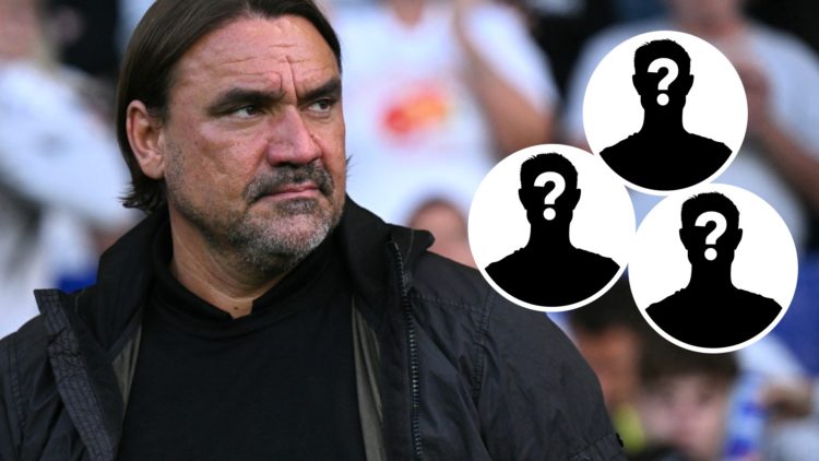 Leeds United manager Daniel Farke (left) with three mystery player insets (right)