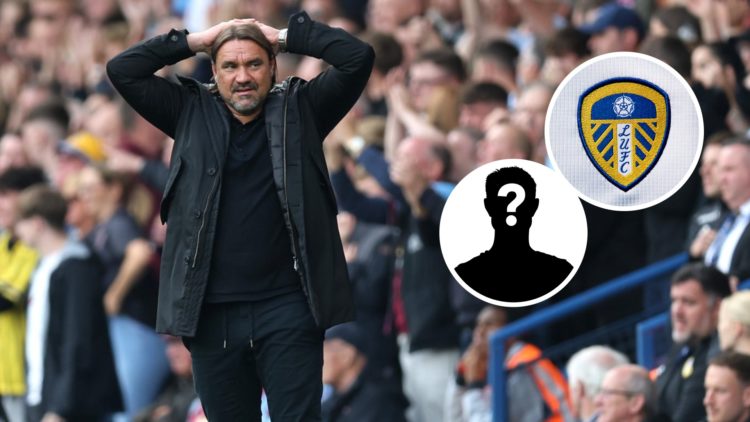 Leeds United manager Daniel Farke (left) and LUFC crest (right) with mystery player inset