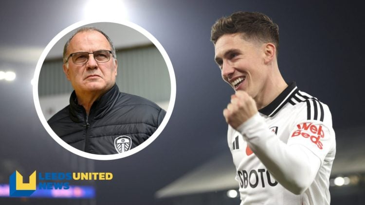 Fulham player Harry Wilson celebrates a goal. Inset a picture of Leeds United manager Marcelo Bielsa.