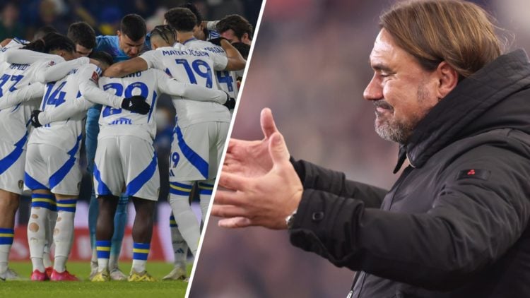 Leeds United players (left) and manager Daniel Farke (right)