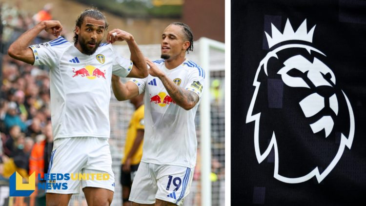 Split image of Leeds United player Dominic Calvert-Lewin celebrating, and the official Premier League logo.