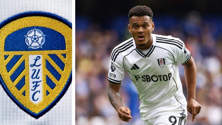 Split image of the official Leeds United club badge and Fulham striker Rodrigo Muniz in action.