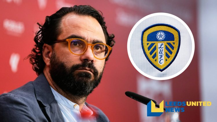Victor Orta speaks in a press conference. Inset a picture of the official club badge of Leeds United.