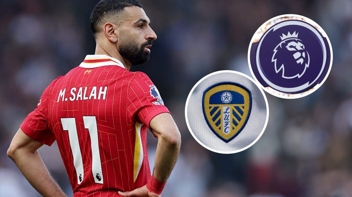 Liverpool winger Mo Salah (left) with Premier League logo and Leds United crest (both right)
