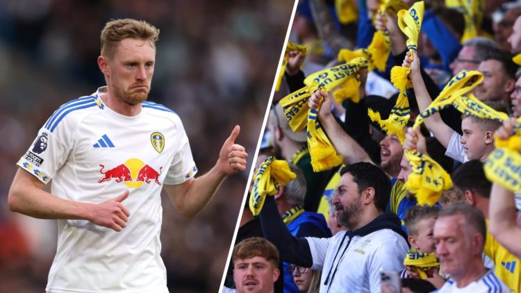 Split image of Sean Longstaff and Leeds United fans inside Elland Road