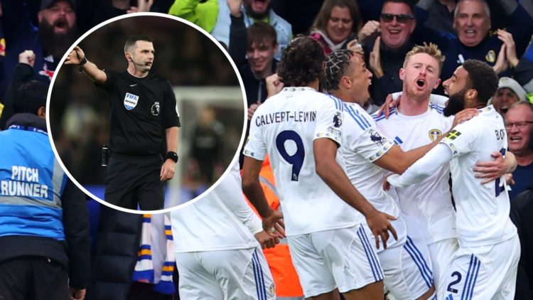 Sean Longstaff celebrates a Leeds goal after getting the all clear from Michael Oliver.
