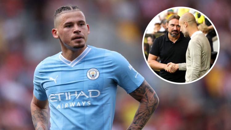 Man City midfielder Kalvin Phillips (left) and Man City boss Pep Guardiola with Leeds manager Daniel Farke (right)
