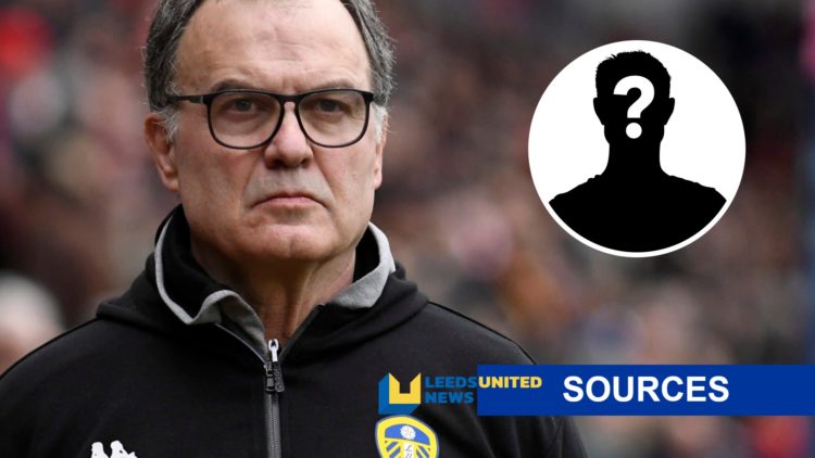 Marcelo Bielsa of Leeds United (left) with mystery player inset and LUN sources banner (right)