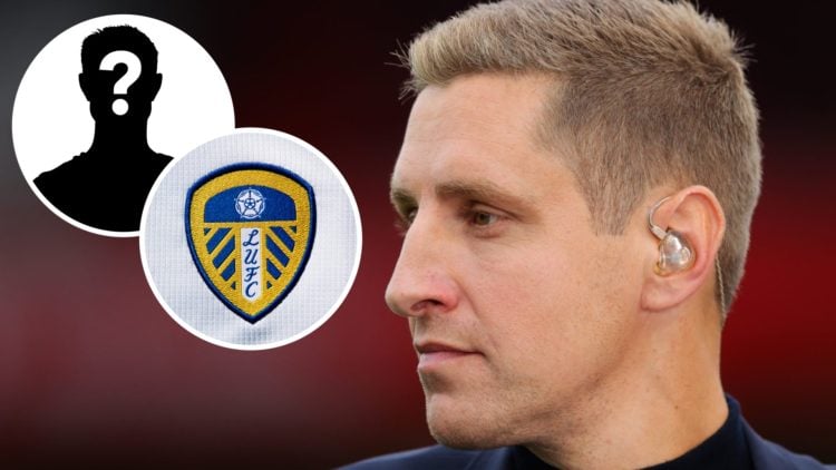 Sky Sports pundit Michael Dawson (right) and Leeds United crest (left) with mystery player inset