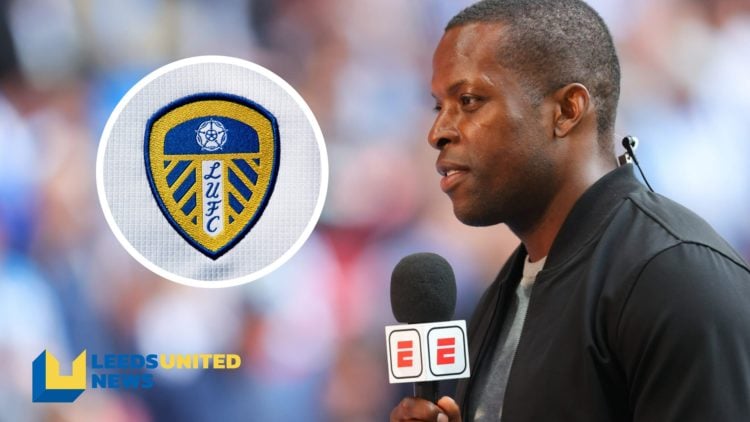 Pundit Nedum Onuoha in action. Inset a picture of the official club badge of Leeds United.