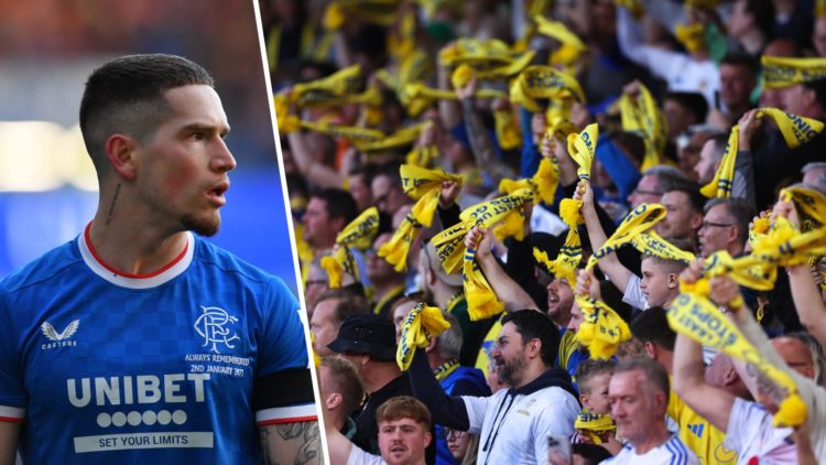 Rangers' Ryan Kent (left) and Leeds United fans (right)