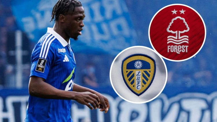 RC Strasbourg winger Dilane Bakwa (left) with Leeds United and Nottingham Forest crests (right)