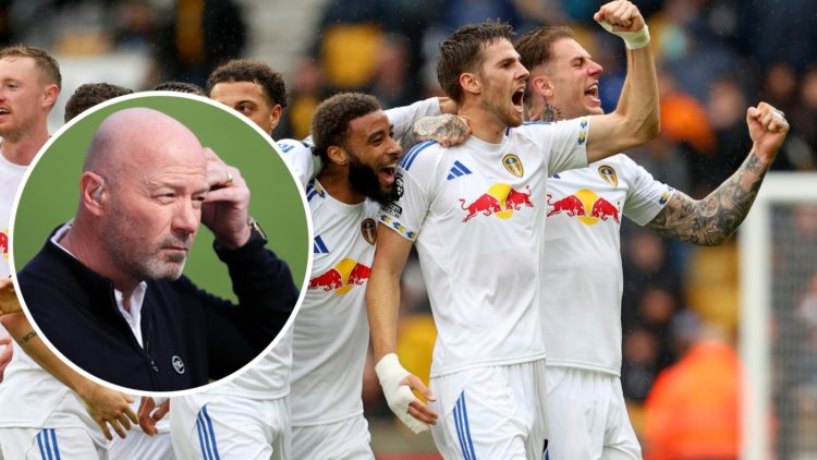 Anton Stach celebrates his goal with his Leeds United teammates with pundit Alan Shearer inset