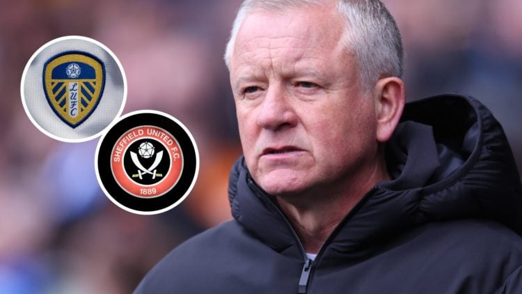 Sheffield United manager Chris Wilder (right) with Leeds United and Sheffield United crests (left)
