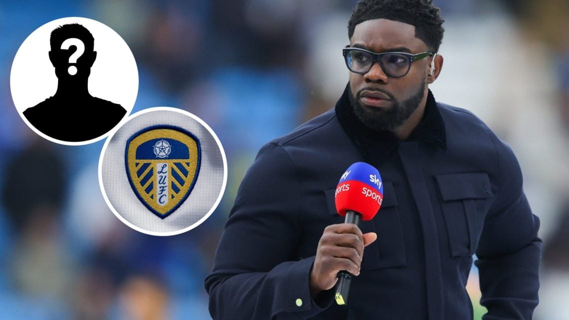 Sky Sports pundit Micah Richards (right) with Leeds United crest and mystery player inset (left)