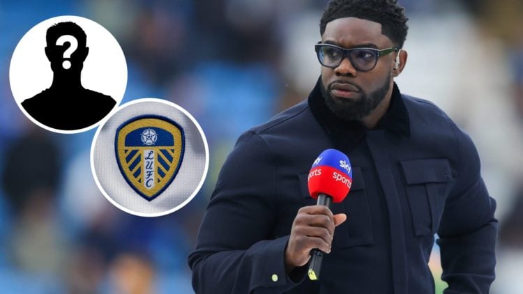 Sky Sports pundit Micah Richards (right) with Leeds United crest and mystery player inset (left)