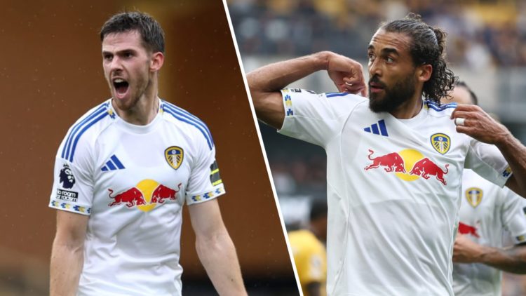 Split image of Leeds United players Anton Stach and Dominic Calvert-Lewin