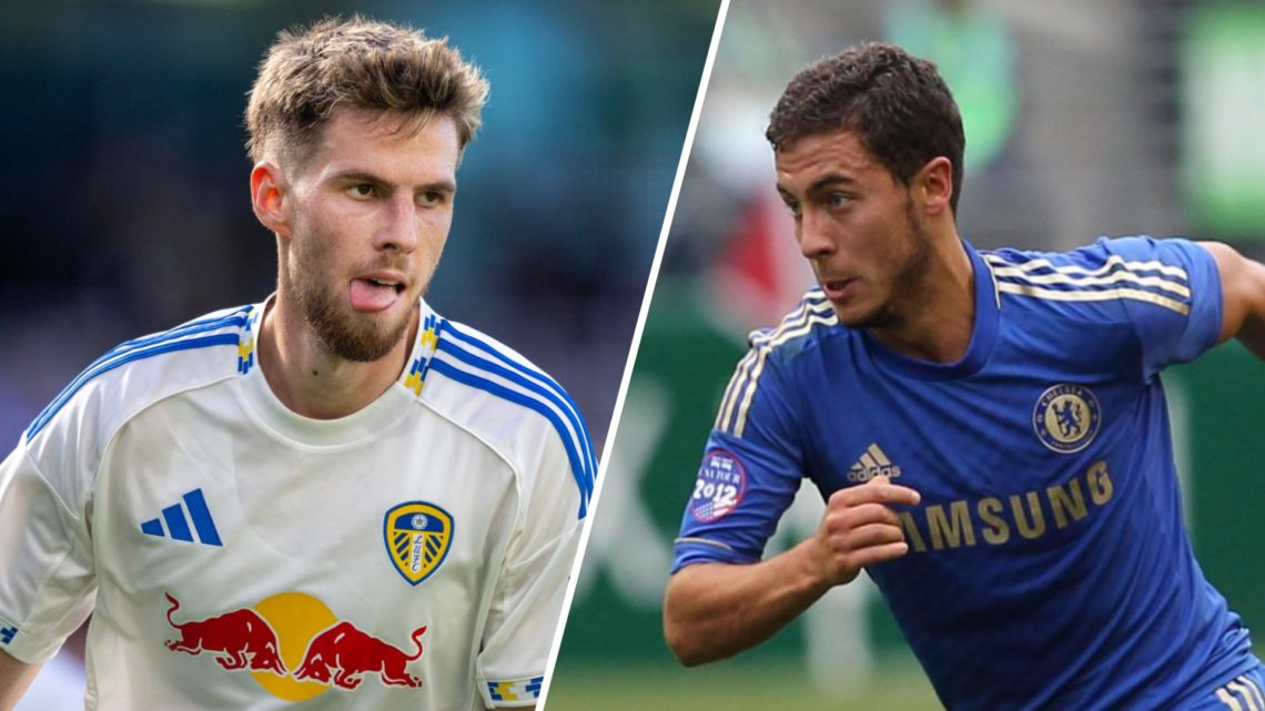 Split image of Leeds United player Anton Stach and former Chelsea player Eden Hazard