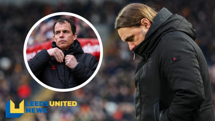Leeds United manager Daniel Farke looks down. Inset a picture of Sunderland manager Regis Le Bris.