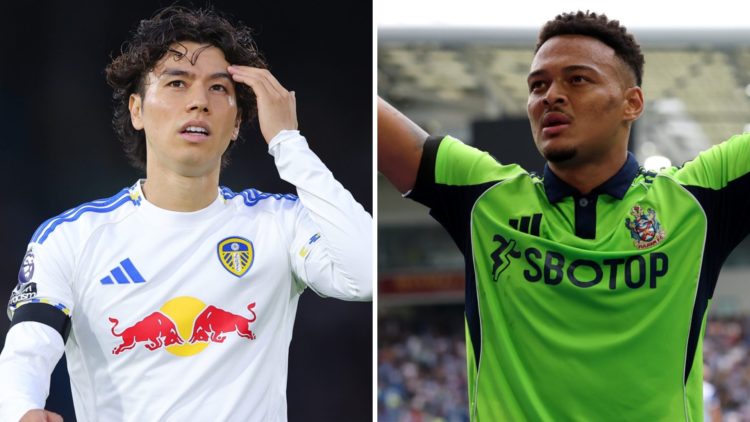 Split image: Ao Tanaka in action for Leeds United (L). Rodrigo Muniz celebrates for Fulham (R).