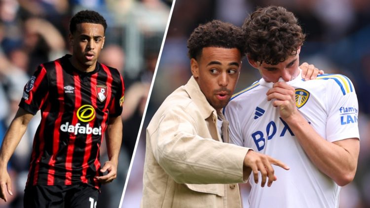 Tyler Adams of AFC Bournemouth (left) and Adams with Archie Gray for Leeds United (right)
