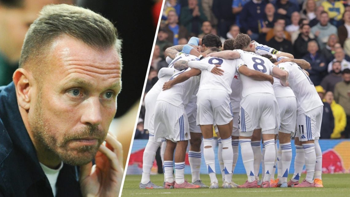 Wales manager Craig Bellamy (left) and a Leeds United squad huddle (right)
