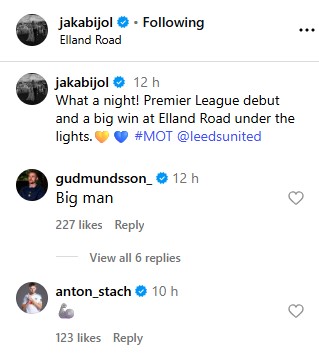 Gabriel Gudmundsson and Anton Stach comment on Jaka Bijol's Instagram