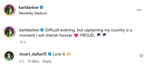 Screenshot of Stuart Dallas responding to Leeds United player Karl Darlow in Instagram