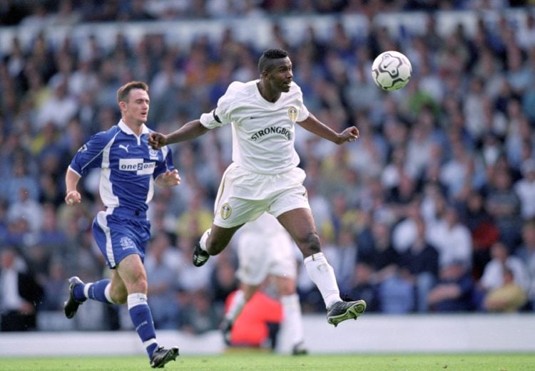 19 Aug 2000:  Lucas Radebe of Leeds United heads away from Francis Jeffers of Everton during the FA Carling Premiership match at Elland Road in Lee...