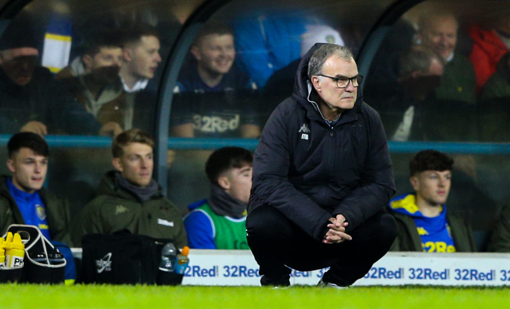 Marcel Bielsa looks on during Leeds United v Derby County - Sky Bet Championship