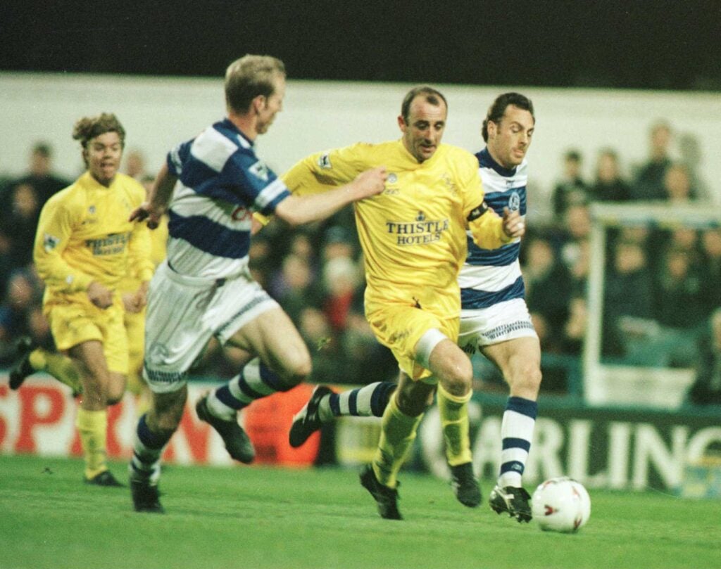 Gary McAllister on the ball during Q.P.R. v Leeds.