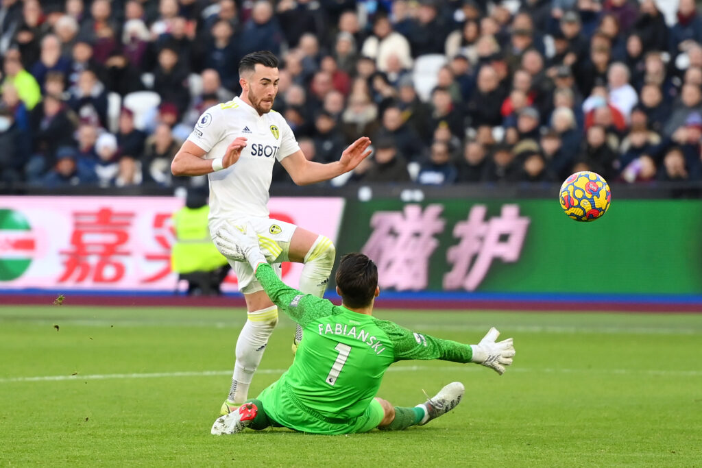 Jack Harrison scores during West Ham United v Leeds United - Premier League
