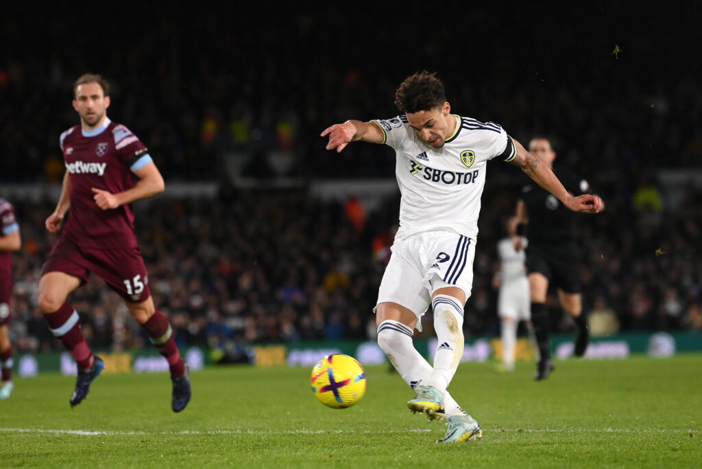 Rodrigo shoots during Leeds United v West Ham United - Premier League