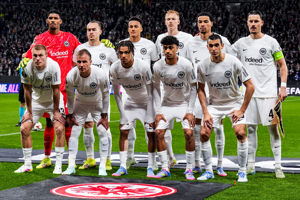 Nathaniel Brown with Robin Koch and Rasmus Kristensen of Eintracht Frankfurt