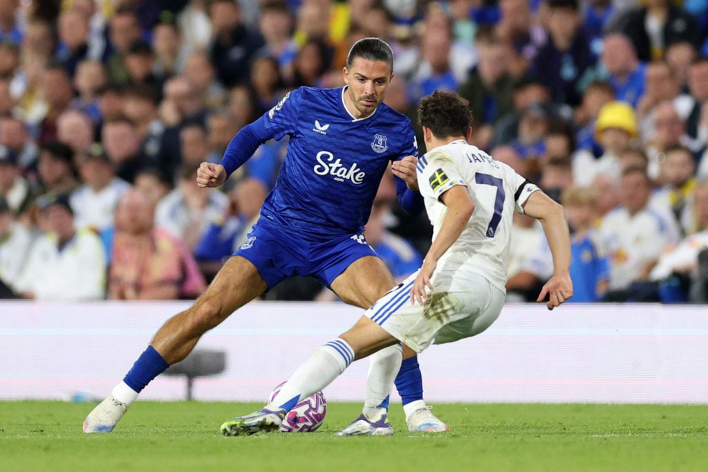 Everton's Jack Grealish takes on Leeds United's Dan James
