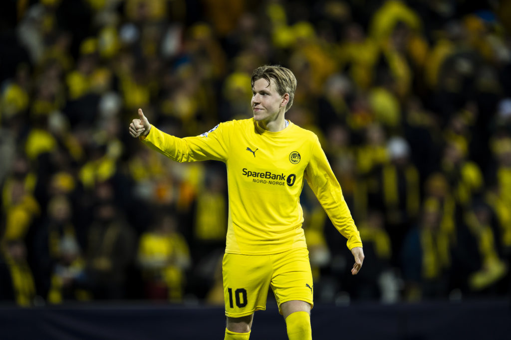 Jens Petter Hauge scores for Bodo/Glimt against Tottenham.