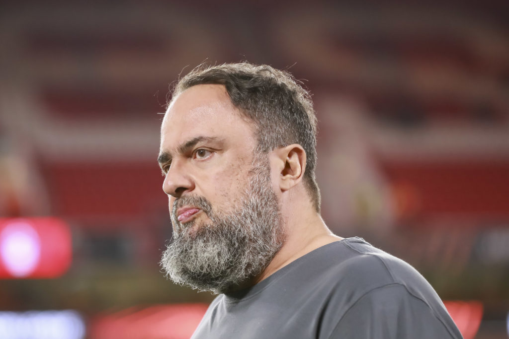 Evangelos Marinakis looks on after another Forest defeat.