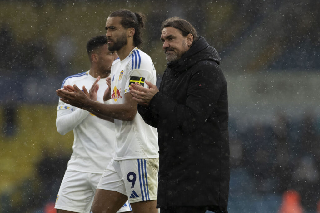 Daniel Farke and Dominic Calvert-Lewin applaud Leeds fans.