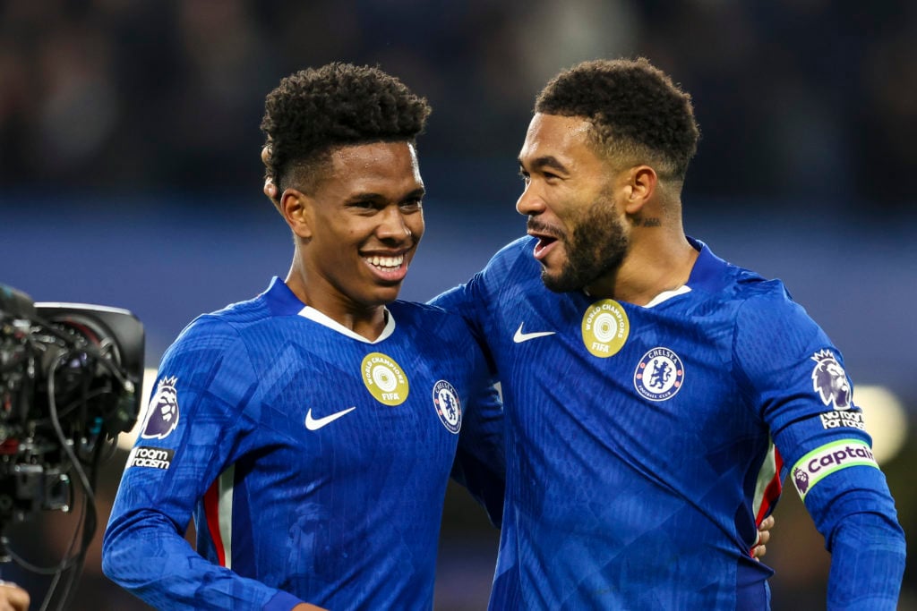 Chelsea forward Estevao Willian with captain Reece James