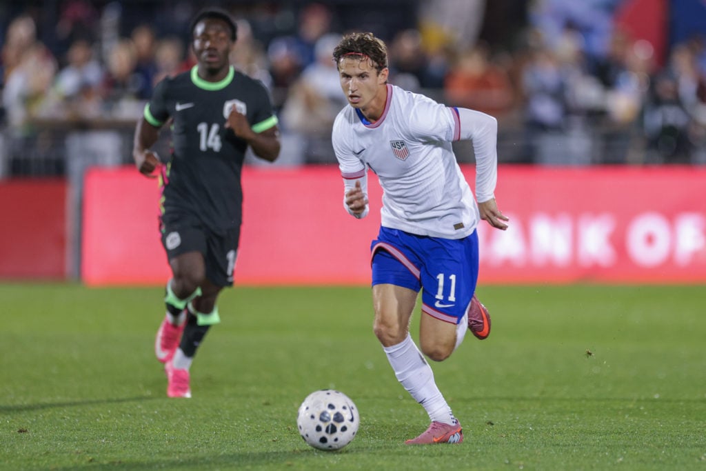 Brenden Aaronson in action for the United States against Australia.