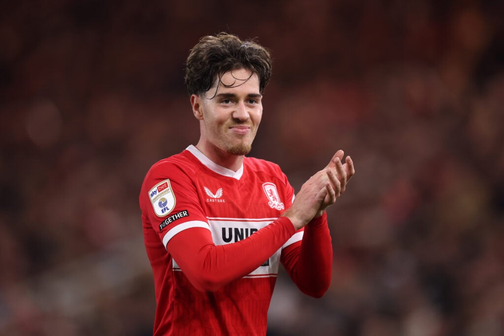 Hayden Hackney applauds the Middlesbrough fans.