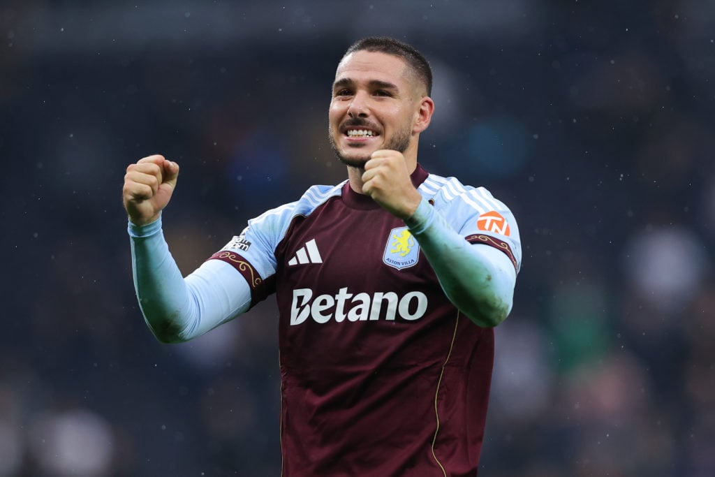 Emi Buendia celebrates his goal and Aston Villa's win over Tottenham.
