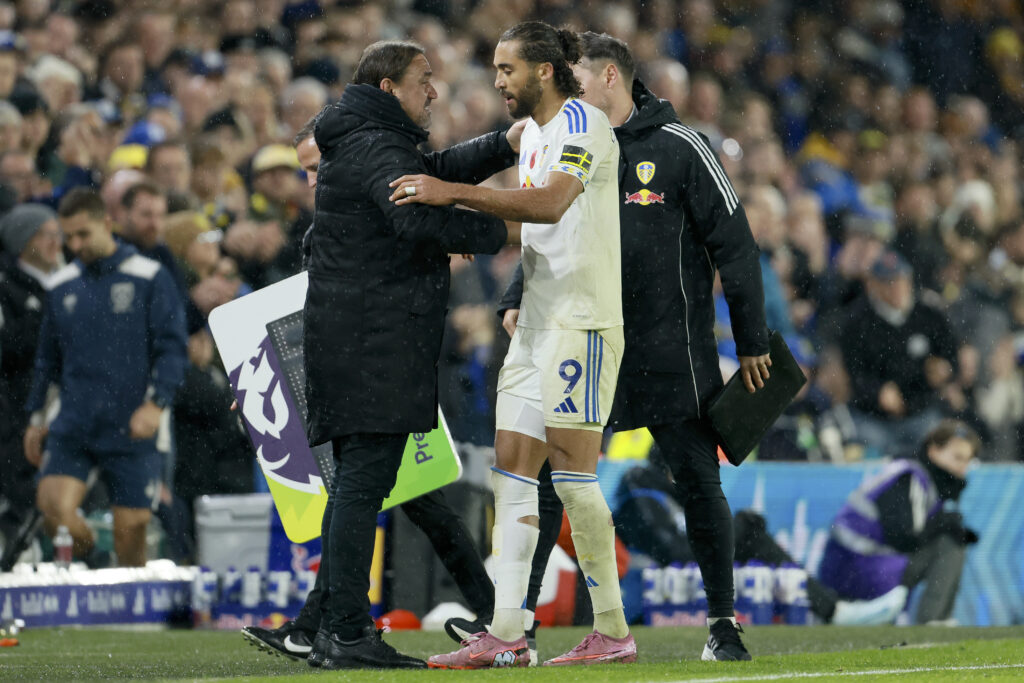 Daniel Farke embraces Dominic Calvert-Lewin after taking him off.